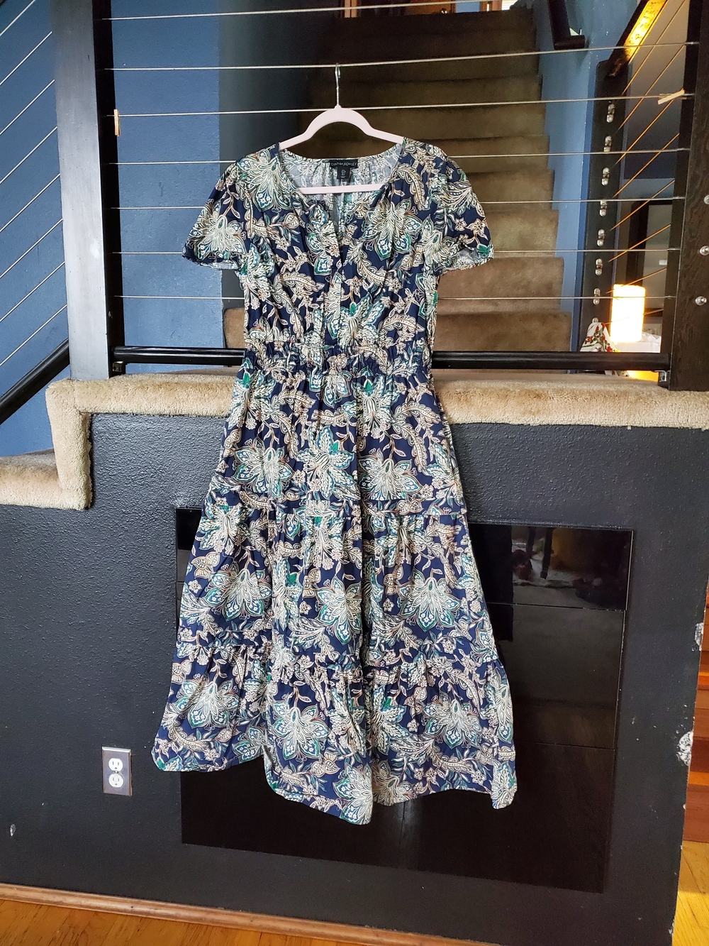 Cynthia Rowley Navy Maxi Dress with Green and Cream Paisley Pattern